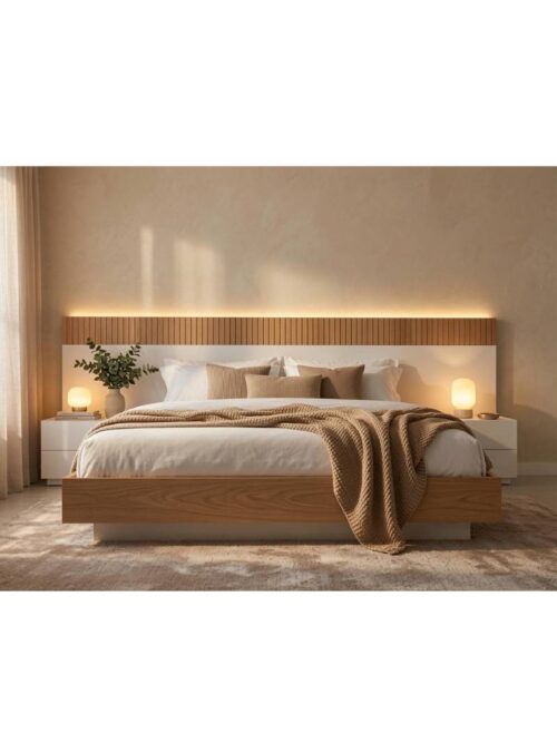 CABECERO DE CAMA CORRIDO STICK DUO BLANCO Y ROBLE